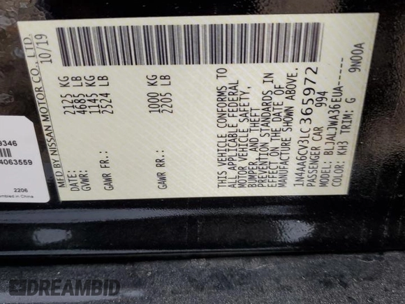 2020 Nissan Maxima SV with VIN 1N4AA6CV3LC365972, listed as a Copart auction lot 78741474 with 91,708 mi miles and Salvage Title. Bid and sale history available at carsss.com. Image 14.
