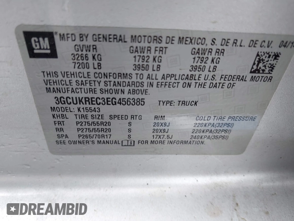2014 Chevrolet Silverado 1500 LT with VIN 3GCUKREC3EG456385, listed as a IAAI auction lot 41931312 with 62,616 mi miles and . Bid and sale history available at DreamBid. Image 9.