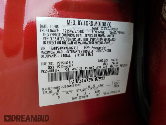 2009 Ford Taurus SEL with VIN 1FAHP24WX9G107933, listed as a Copart auction lot 78019144 with 274,393 mi miles and Salvage Title. Bid and sale history available at carsss.com. Image 14.