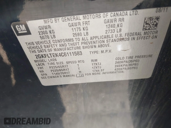 2012 GMC Terrain SLE-2 with VIN 2GKFLTEK4C6111583, listed as a IAAI auction lot 42071609 with 109,092 mi miles and . Bid and sale history available at DreamBid. Image 9.