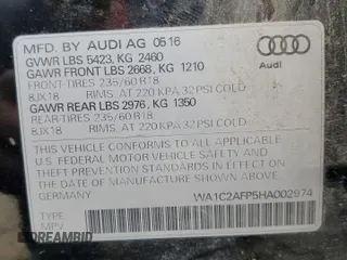 2017 Audi Q5 Premium z VIN WA1C2AFP5HA002974, wystawiony jako Copart lot #59249655 z przebiegiem 183 745 mil mil oraz Szkoda całkowita • Salvage title. Historia ofert i sprzedaży dostępna na DreamBid. Obrazek 13.