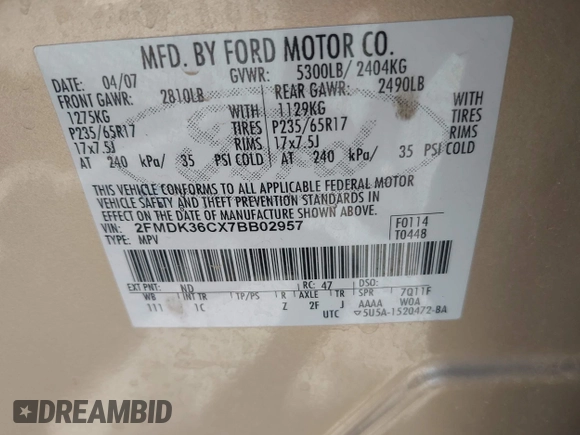 2007 Ford Edge SE z VIN 2FMDK36CX7BB02957, wystawiony jako IAAI lot #42278851 z przebiegiem 159 774 mil mil oraz . Historia ofert i sprzedaży dostępna na DreamBid. Obrazek 9.