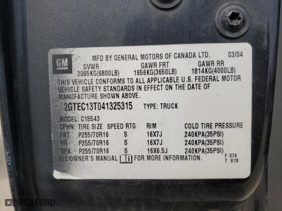 2004 GMC Sierra 1500 Crew Cab SLT with VIN 2GTEC13T041325315, listed as a Copart auction lot 43946475 with 220,280 mi miles and Salvage Title. Bid and sale history available at carsss.com. Image 12.