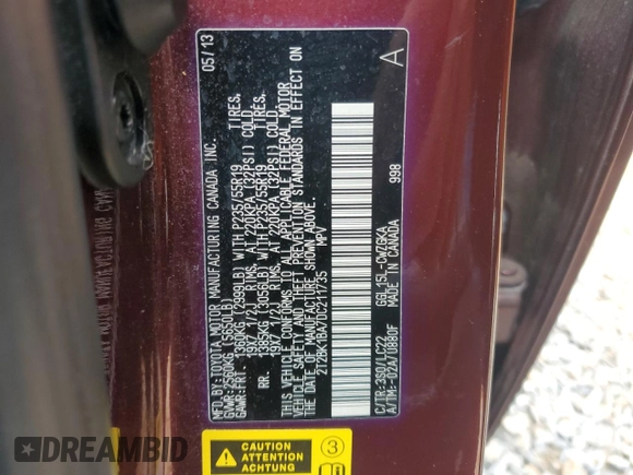 2013 Lexus RX 350 с VIN 2T2BK1BA7DC211735, выставлен на аукционе Copart как лот 54369915 с пробегом 132 342 миль миль и Списание • Salvage title. История ставок и продаж доступна на DreamBid. Изображение 13.