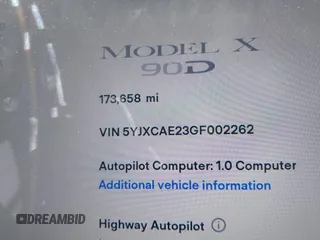 2016 Tesla Model X 70D with VIN 5YJXCAE23GF002262, listed as a IAAI auction lot 41839084 with 173,658 mi miles. Bid and sale history available at carsss.com. Image 15.