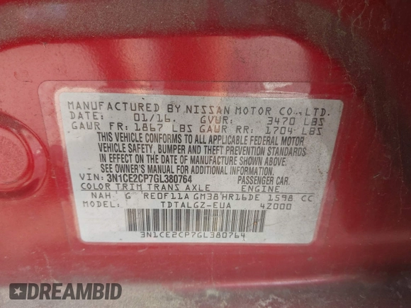 2016 Nissan Note SV with VIN 3N1CE2CP7GL380764, listed as a IAAI auction lot 41959411 with Not Provided miles and . Bid and sale history available at DreamBid. Image 9.
