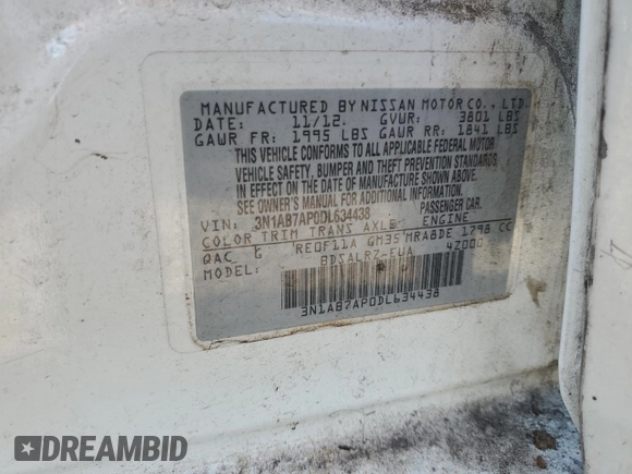 2013 Nissan Sentra FE+ S with VIN 3N1AB7AP0DL634438, listed as a Copart auction lot 68929154 with Not Provided miles and Clean Title. Bid and sale history available at DreamBid. Image 12.
