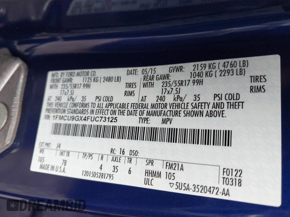 2015 Ford Escape SE with VIN 1FMCU9GX4FUC73125, listed as a IAAI auction lot 42071815 with 71,681 mi miles. Bid and sale history available at carsss.com. Image 9.
