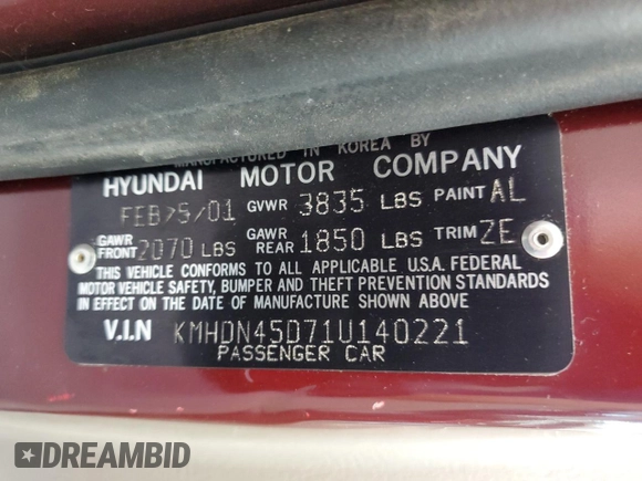 2001 Hyundai Elantra GLS with VIN KMHDN45D71U140221, listed as a Copart auction lot 54695955 with 107,725 mi miles and Salvage title. Bid and sale history available at DreamBid. Image 12.