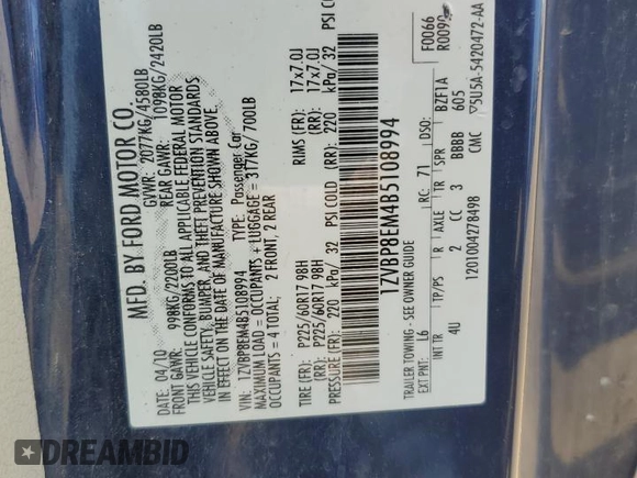 2011 Ford Mustang V6 with VIN 1ZVBP8EM4B5108994, listed as a Copart auction lot 59923745 with 187,390 mi miles and Salvage title. Bid and sale history available at DreamBid. Image 12.