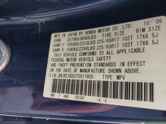 2007 Honda CR-V EX with VIN JHLRE38507C017905, listed as a IAAI auction lot 41798868 with 309,209 mi miles. Bid and sale history available at carsss.com. Image 9.