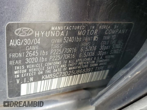 2005 Hyundai Santa Fe GLS with VIN KM8SC73D25U868391, listed as a Copart auction lot 50810045 with 119,074 mi miles and Salvage Title. Bid and sale history available at carsss.com. Image 13.