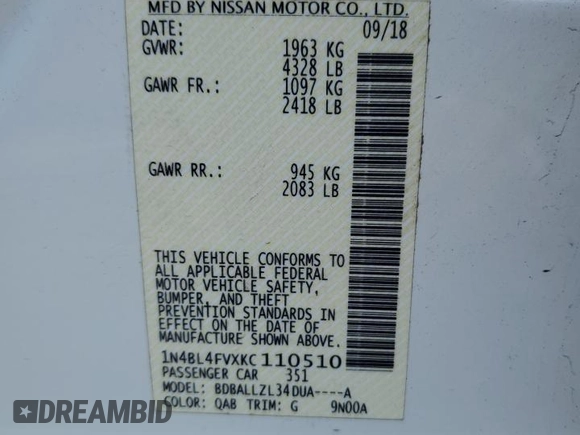 2019 Nissan Altima 2.5 Platinum with VIN 1N4BL4FVXKC110510, listed as a Copart auction lot 85307494 with 105,815 mi miles and Salvage Title. Bid and sale history available at carsss.com. Image 12.