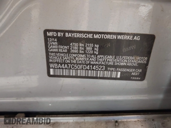 2015 BMW 4 Series 428i xDrive с VIN WBA4A7C50FD414523, выставлен на аукционе IAAI как лот 41092312 с пробегом Не указан миль и . История ставок и продаж доступна на DreamBid. Изображение 9.
