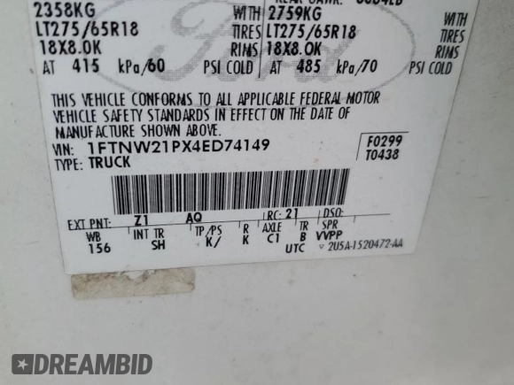 2004 Ford F-250 XL с VIN 1FTNW21PX4ED74149, выставлен на аукционе Copart как лот 60863395 с пробегом 377 830 миль миль и Списание • Salvage title. История ставок и продаж доступна на DreamBid. Изображение 13.