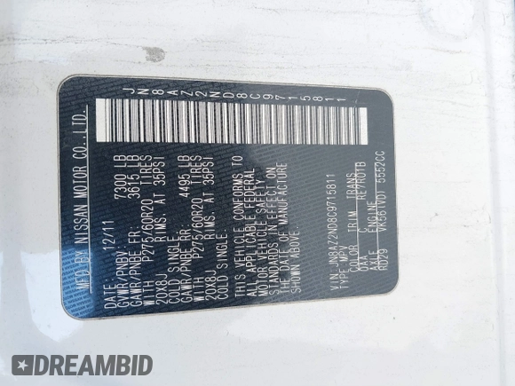2012 Infiniti QX56 8-passenger with VIN JN8AZ2ND8C9715811, listed as a IAAI auction lot 41619315 with 198,187 mi miles and . Bid and sale history available at DreamBid. Image 9.