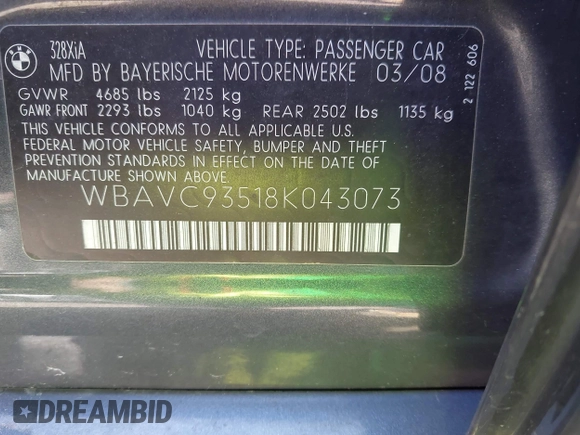 2008 BMW 3 Series 328xi with VIN WBAVC93518K043073, listed as a IAAI auction lot 42134507 with 148,712 mi miles. Bid and sale history available at carsss.com. Image 9.