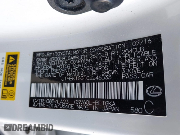 2016 Lexus ES 330 z VIN JTHBK1GG1G2246533, wystawiony jako IAAI lot #41056018 z przebiegiem 66 018 mil mil oraz . Historia ofert i sprzedaży dostępna na DreamBid. Obrazek 9.