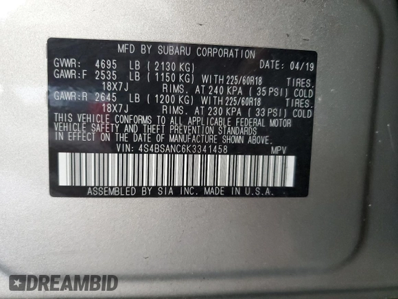 2019 Subaru Outback Limited z VIN 4S4BSANC6K3341458, wystawiony jako Copart lot #56379925 z przebiegiem 43 746 mil mil oraz Szkoda całkowita • Salvage title. Historia ofert i sprzedaży dostępna na DreamBid. Obrazek 13.