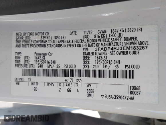 2014 Ford Fiesta SE z VIN 3FADP4BJ3EM183267, wystawiony jako IAAI lot #42058257 z przebiegiem 57 872 mil mil oraz . Historia ofert i sprzedaży dostępna na DreamBid. Obrazek 9.