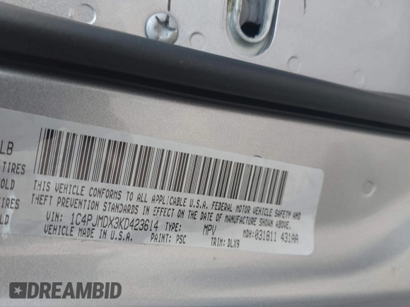 2019 Jeep Cherokee High Altitude with VIN 1C4PJMDX3KD423614, listed as a IAAI auction lot 41395694 with 64,494 mi miles and . Bid and sale history available at DreamBid. Image 9.