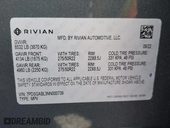 2022 Rivian R1S Launch Edition with VIN 7PDSGABL3NN000739, listed as a Copart auction lot 88127995 with 12,143 mi miles and Salvage Title. Bid and sale history available at DreamBid. Image 14.