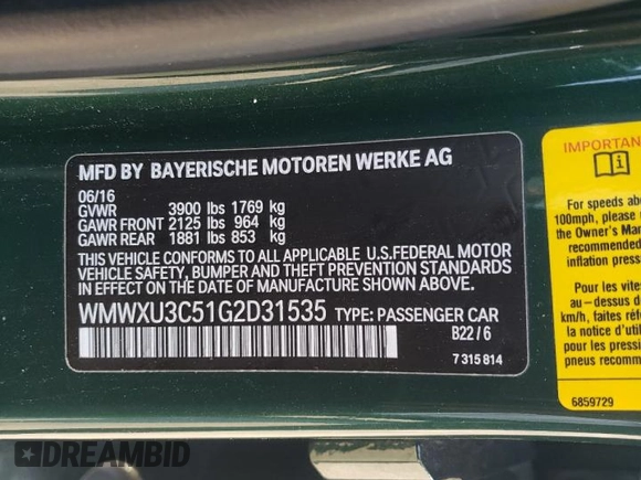 2016 MINI Hardtop 4 Door S z VIN WMWXU3C51G2D31535, wystawiony jako Copart lot #42832355 z przebiegiem 95 458 mil mil oraz Szkoda całkowita • Salvage title. Historia ofert i sprzedaży dostępna na DreamBid. Obrazek 14.