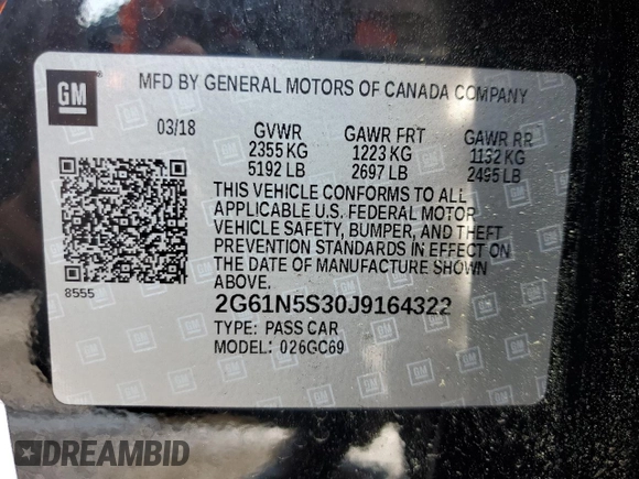 2018 Cadillac XTS Luxury with VIN 2G61N5S30J9164322, listed as a Copart auction lot 57048835 with 122,301 mi miles and Salvage title. Bid and sale history available at DreamBid. Image 12.