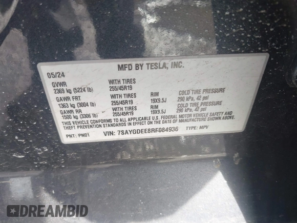 2024 Tesla Model Y Long Range with VIN 7SAYGDEE8RF084936, listed as a IAAI auction lot 41615104 with 14,622 mi miles. Bid and sale history available at carsss.com. Image 9.
