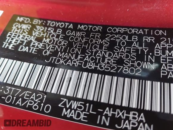 2017 Toyota Prius Two with VIN JTDKARFU8H3527802, listed as a IAAI auction lot 42068099 with 102,152 mi miles. Bid and sale history available at carsss.com. Image 9.