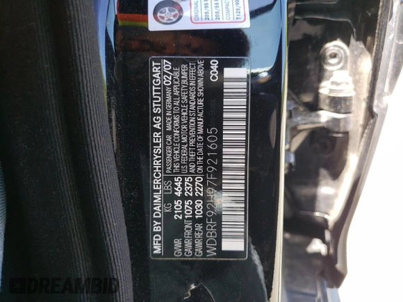 2007 Mercedes-Benz C 280 Luxury with VIN WDBRF92H97F921605, listed as a Copart auction lot 54670135 with 144,373 mi miles and Salvage title. Bid and sale history available at DreamBid. Image 12.