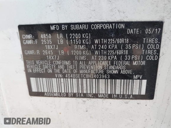 2017 Subaru Outback Touring with VIN 4S4BSETC8H3403963, listed as a IAAI auction lot 41649804 with 71,594 mi miles and . Bid and sale history available at DreamBid. Image 9.