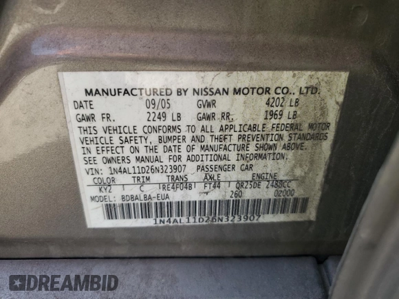2006 Nissan Altima S z VIN 1N4AL11D26N323907, wystawiony jako Copart lot #52725315 z przebiegiem Nie podano mil oraz Szkoda całkowita • Salvage title. Historia ofert i sprzedaży dostępna na DreamBid. Obrazek 12.