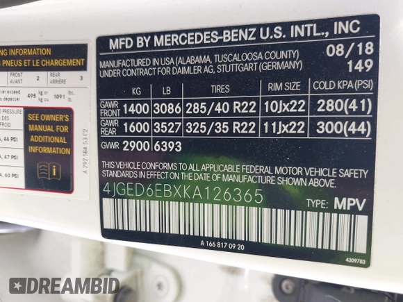 2019 Mercedes-Benz GLE 43 AMG with VIN 4JGED6EBXKA126365, listed as a IAAI auction lot 42034448 with 33,882 mi miles and . Bid and sale history available at DreamBid. Image 9.