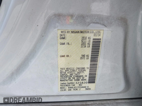 2014 Nissan Altima SV with VIN 1N4AL3AP0EC325820, listed as a IAAI auction lot 41971311 with 206,134 mi miles and . Bid and sale history available at DreamBid. Image 9.