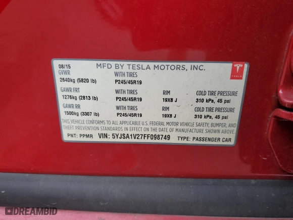 2015 Tesla Model S 85D with VIN 5YJSA1V27FF098749, listed as a Copart auction lot 71991994 with 113,136 mi miles and Salvage Title. Bid and sale history available at carsss.com. Image 15.
