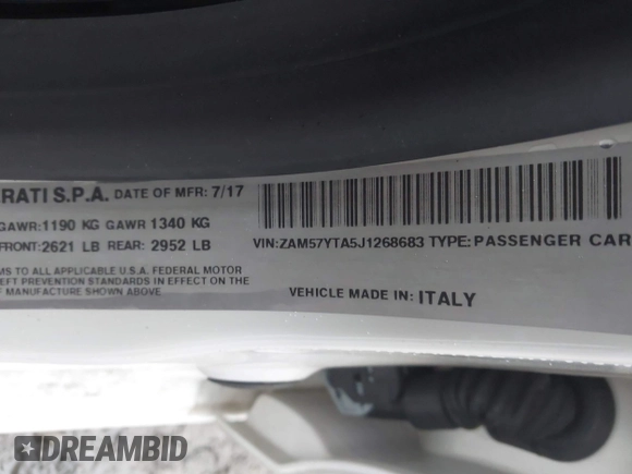 2018 Maserati Ghibli S Q4 z VIN ZAM57YTA5J1268683, wystawiony jako IAAI lot #42359671 z przebiegiem 54 981 mil mil oraz . Historia ofert i sprzedaży dostępna na DreamBid. Obrazek 9.