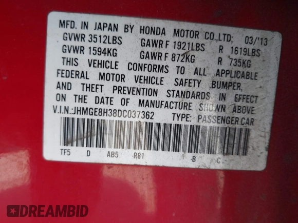 2013 Honda Fit with VIN JHMGE8H38DC037362, listed as a IAAI auction lot 42119334 with 269,726 mi miles. Bid and sale history available at carsss.com. Image 9.