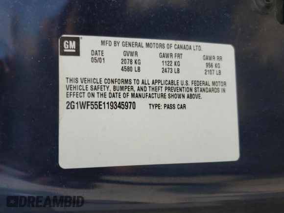 2001 Chevrolet Impala with VIN 2G1WF55E119345970, listed as a Copart auction lot 63767215 with 181,520 mi miles and Non repairable. Bid and sale history available at DreamBid. Image 12.