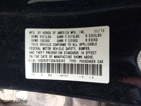 2016 Honda Accord Sedan EX with VIN 1HGCR2F72GA068342, listed as a IAAI auction lot 41697407 with 108,562 mi miles. Bid and sale history available at carsss.com. Image 9.
