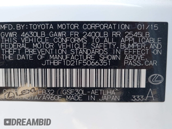 2015 Lexus IS 250 with VIN JTHBF1D21F5066351, listed as a IAAI auction lot 41824287 with 114,655 mi miles and . Bid and sale history available at carsss.com. Image 9.