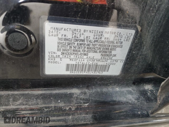 2014 Nissan Note S with VIN 3N1CE2CPXEL431963, listed as a Copart auction lot 59924695 with Not provided miles and Clean title. Bid and sale history available at DreamBid. Image 12.