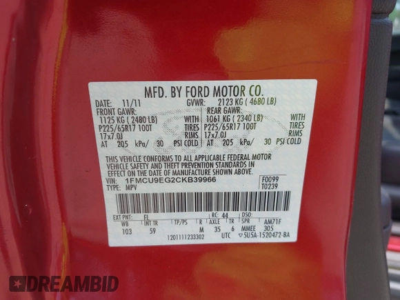 2012 Ford Escape Limited with VIN 1FMCU9EG2CKB39966, listed as a IAAI auction lot 42232793 with 55,412 mi miles and . Bid and sale history available at DreamBid. Image 9.
