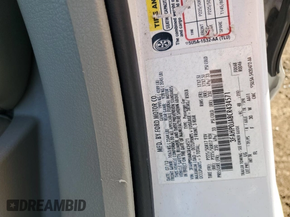 2012 Ford Fusion SEL with VIN 3FAHP0JA8CR434571, listed as a Copart auction lot 60195345 with 166,245 mi miles and Clean title. Bid and sale history available at DreamBid. Image 12.
