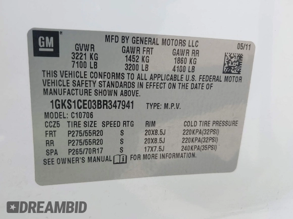 2011 GMC Yukon SLT with VIN 1GKS1CE03BR347941, listed as a IAAI auction lot 41637343 with 198,830 mi miles. Bid and sale history available at carsss.com. Image 9.