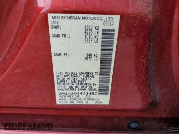 2017 Nissan Altima SL с VIN 1N4AL3AP2HC472497, выставлен на аукционе Copart как лот 56767675 с пробегом 95 865 миль миль и Списание • Salvage title. История ставок и продаж доступна на DreamBid. Изображение 12.