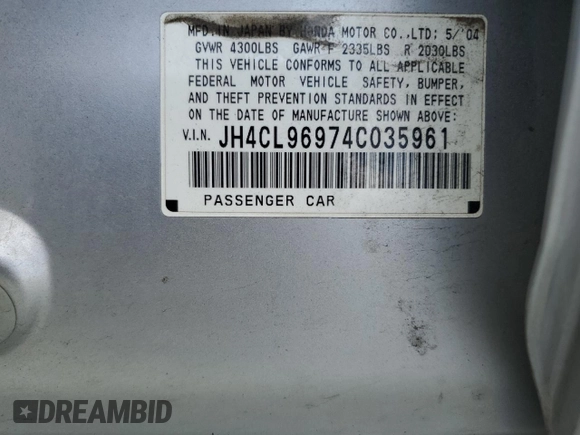 2004 Acura TSX w/Navigation with VIN JH4CL96974C035961, listed as a Copart auction lot 51262395 with 168,133 mi miles and Salvage Title. Bid and sale history available at carsss.com. Image 14.