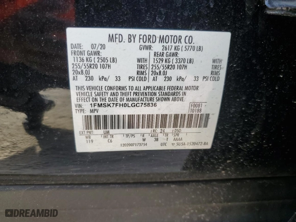 2020 Ford Explorer Limited with VIN 1FMSK7FH0LGC75836, listed as a Copart auction lot 47756935 with 65,106 mi miles and Non Repairable. Bid and sale history available at carsss.com. Image 16.