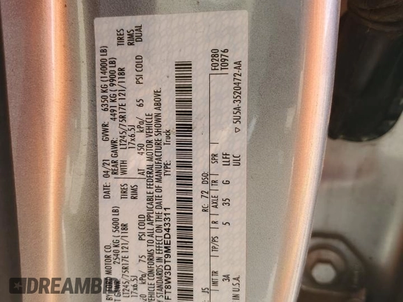 2021 Ford F-350 XL with VIN 1FT8W3DT9MED43311, listed as a Copart auction lot 50926585 with 18,790 mi miles and Salvage title. Bid and sale history available at DreamBid. Image 12.