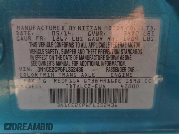 2015 Nissan Note SV with VIN 3N1CE2CP6FL352436, listed as a Copart auction lot 51792025 with 167,920 mi miles and Salvage Title. Bid and sale history available at DreamBid. Image 13.